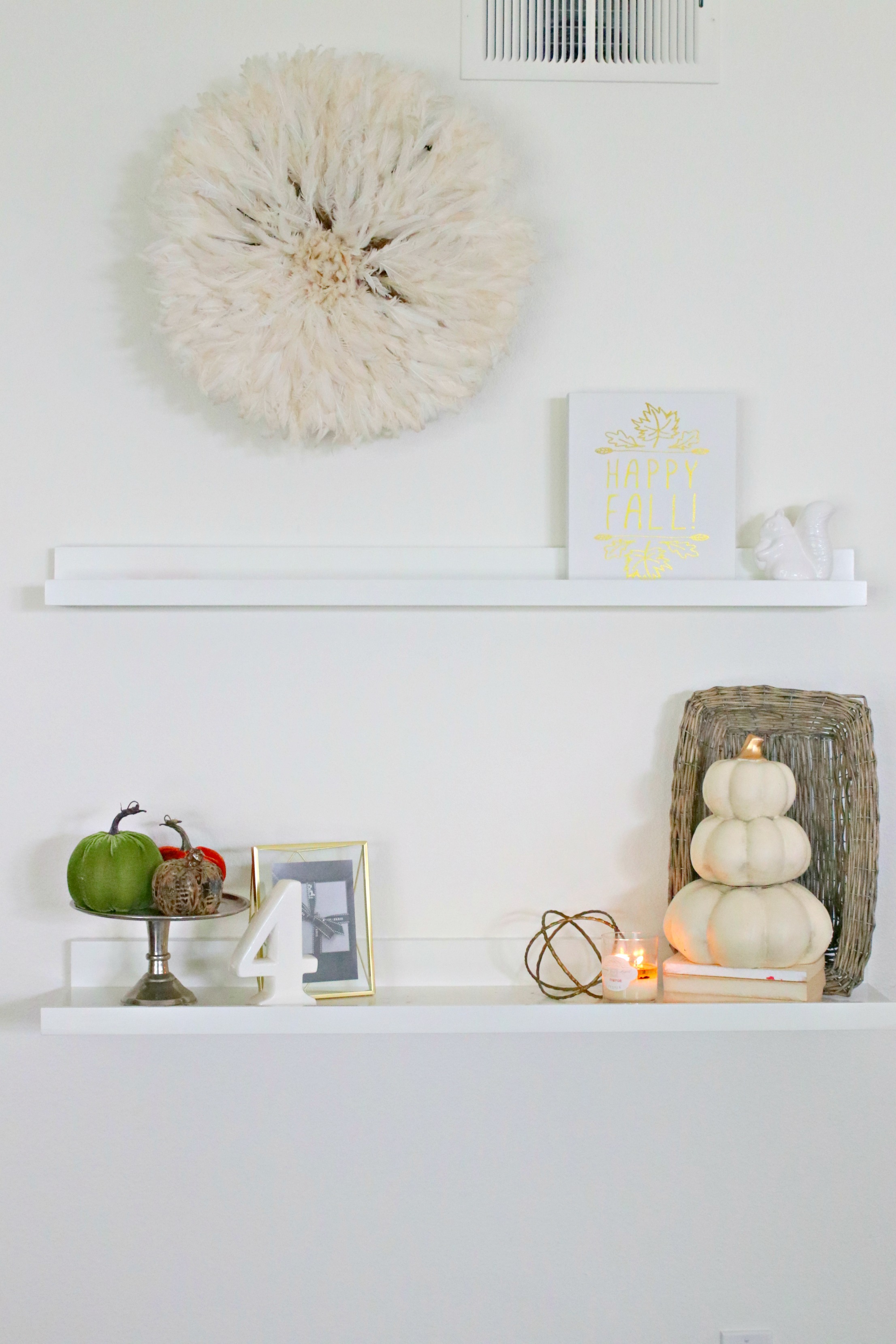 fall shelf styling, farmhouse