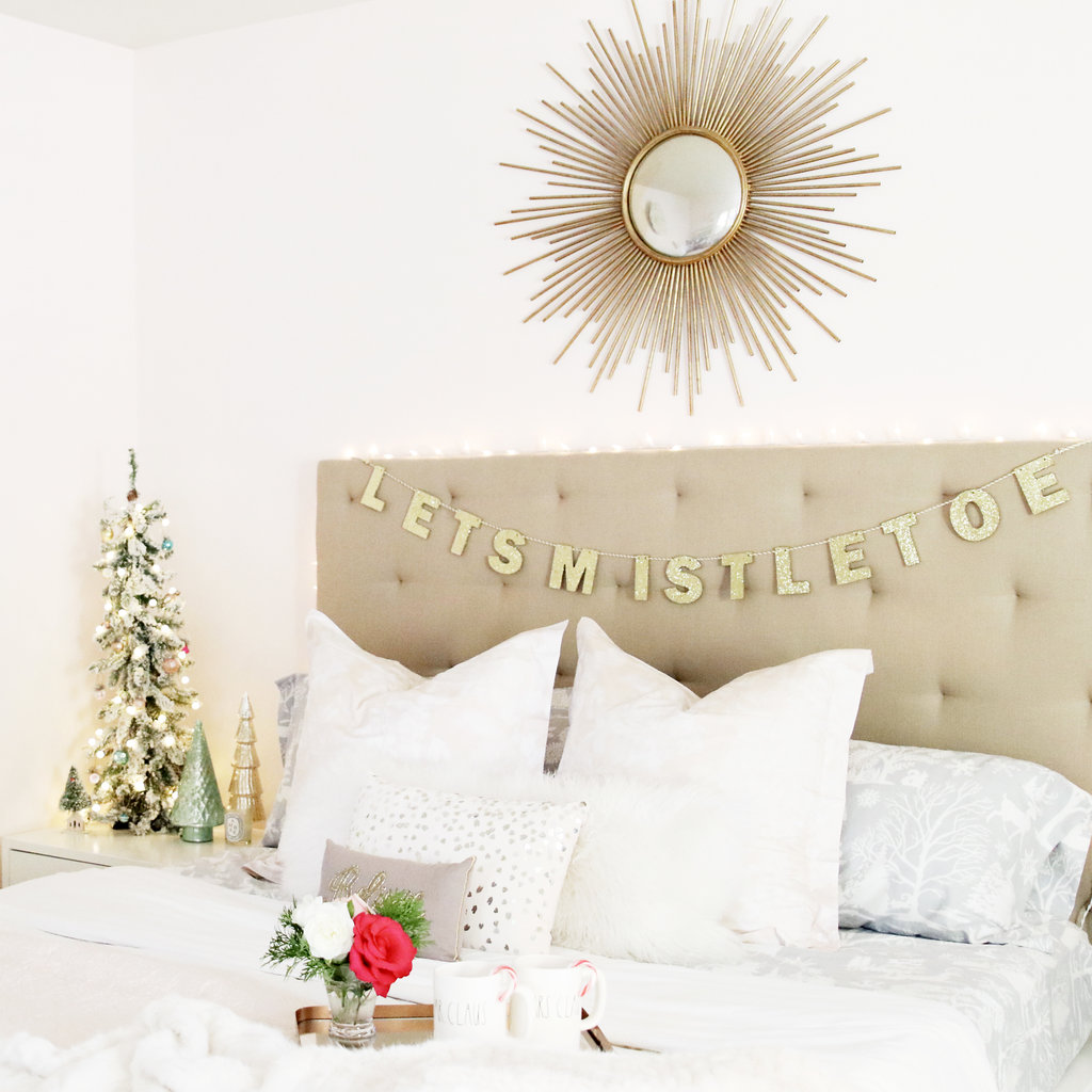 blush bedding with gold mirror