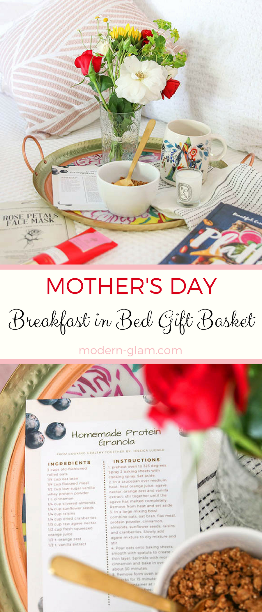 Mother's Day Breakfast in Bed Gift Basket plus a recipe for Homemade Protein Granola. #giftbasketideas #mothersday #mothersdaygifts #homemadegranola #healthygranola #proteingranola #healthyrecipes