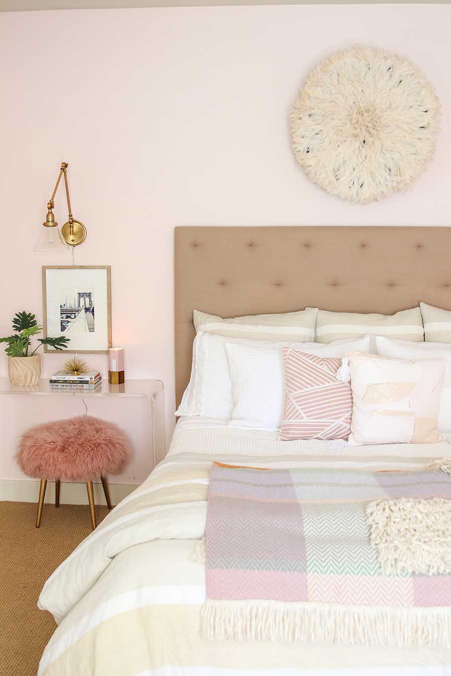 Beautiful Bedrooms Tour - A Feminine Coastal Master Retreat. Pink Bedroom. Modern Boho Bedroom