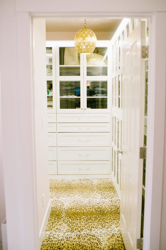 walk in closet with leopard carpet