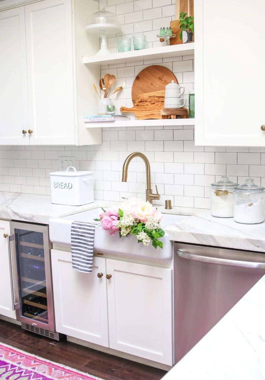 peonies in farmhouse sink