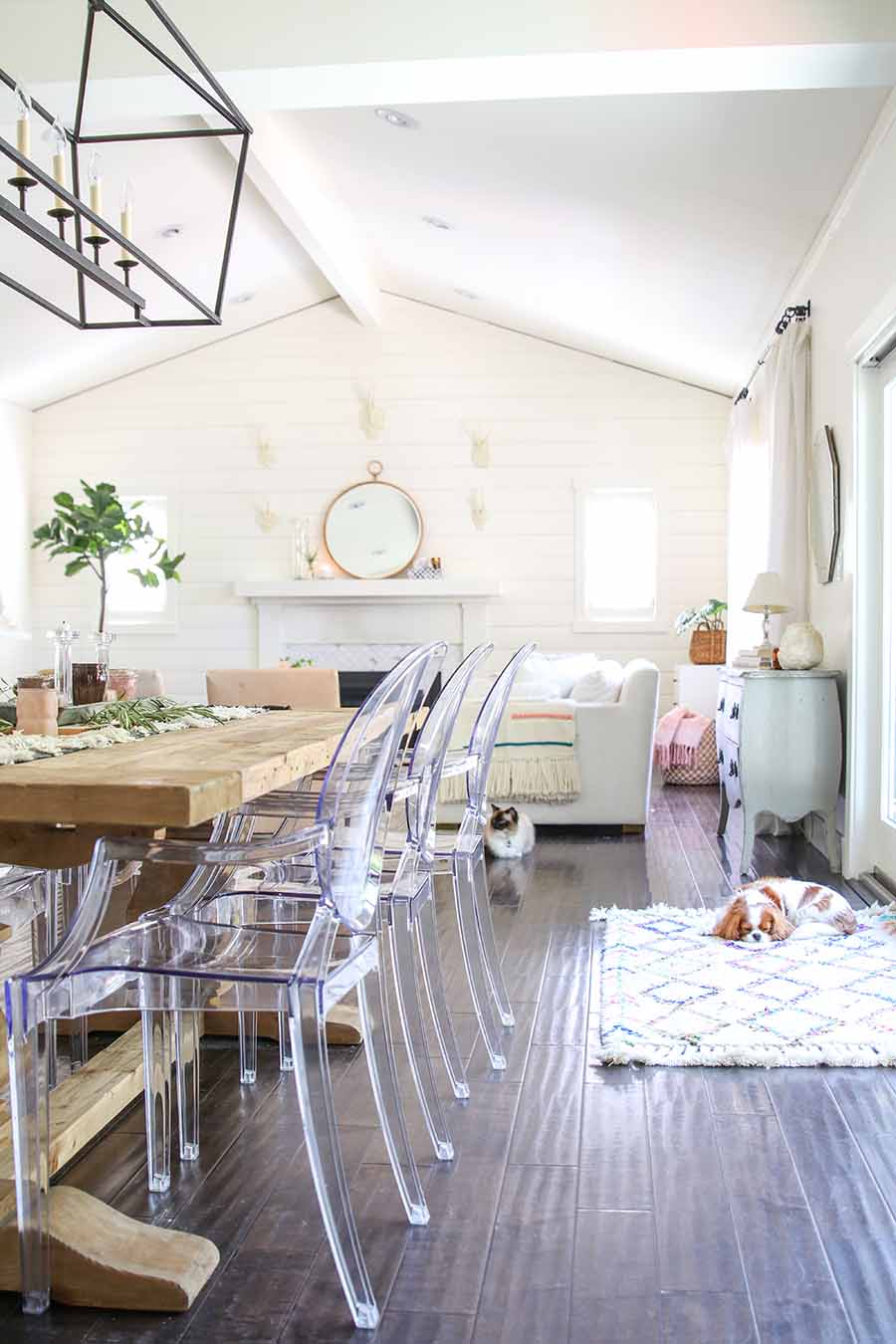 farmhouse table with shiplap wall