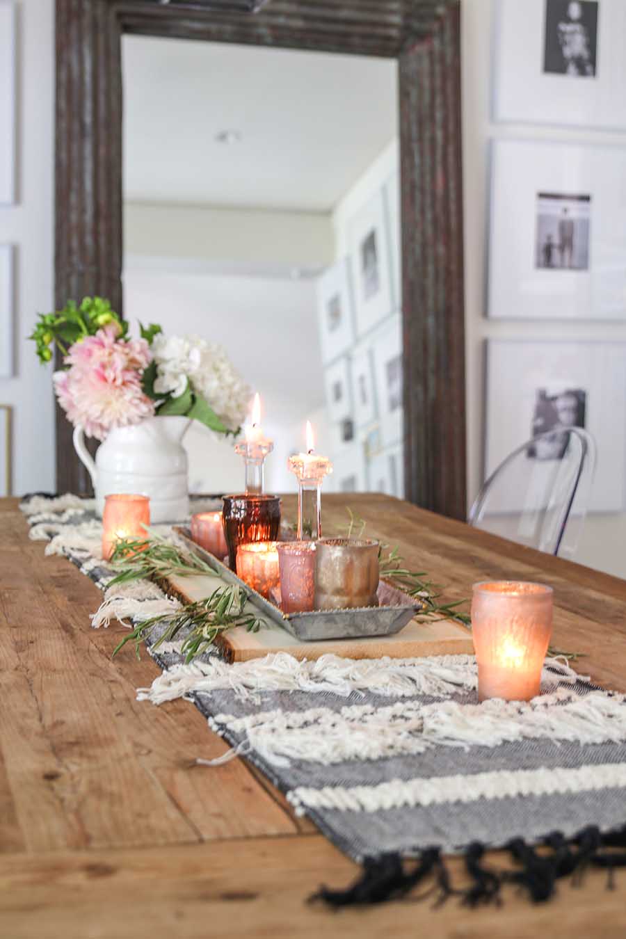 tablescape with olive branches and votives