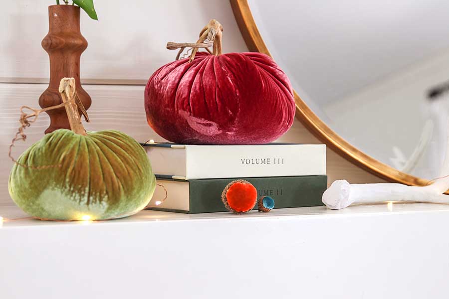 Early Fall Mantel Decor including velvet pumpkins