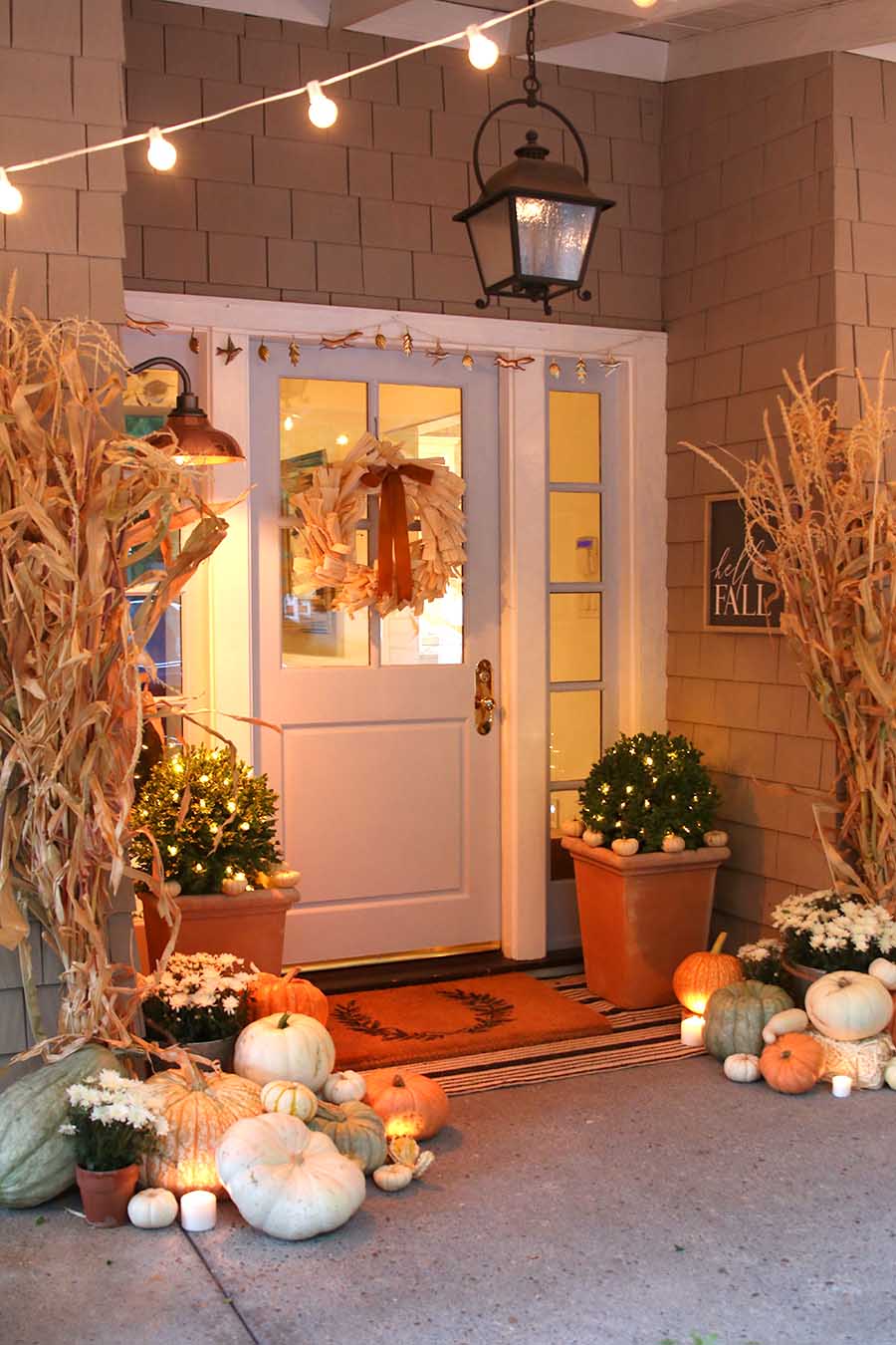 Neutral Fall Porch Decor with Pumpkins and Cornstalks ...