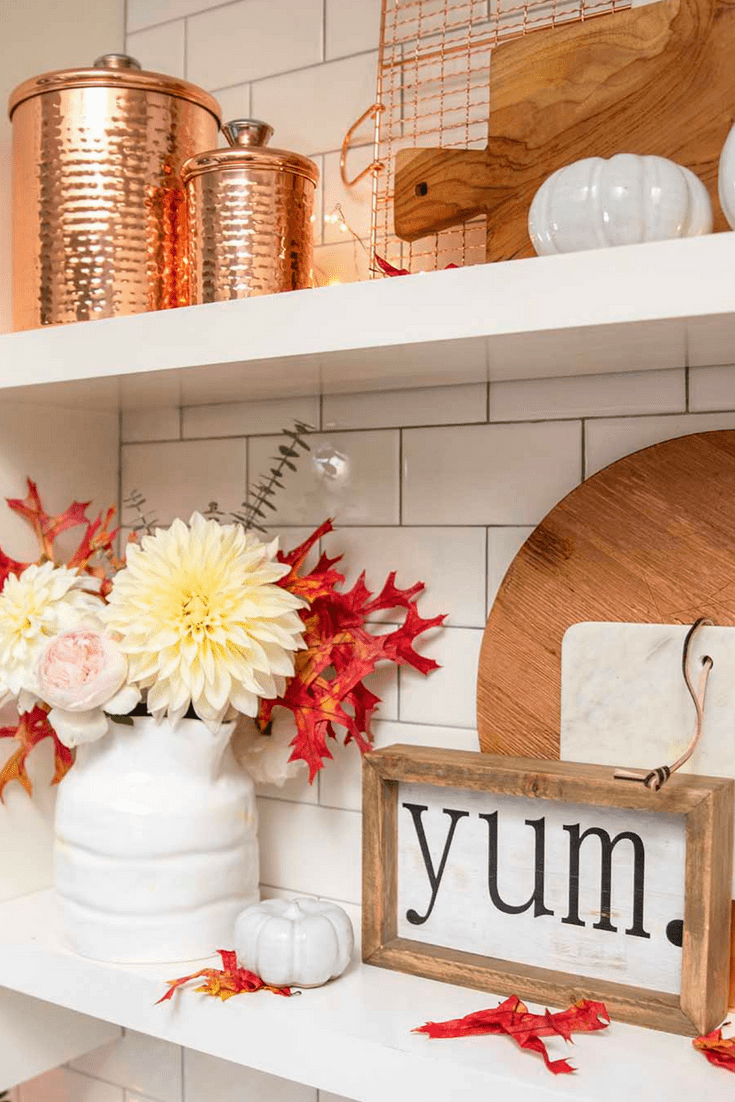 kitchen shelves styled for fall