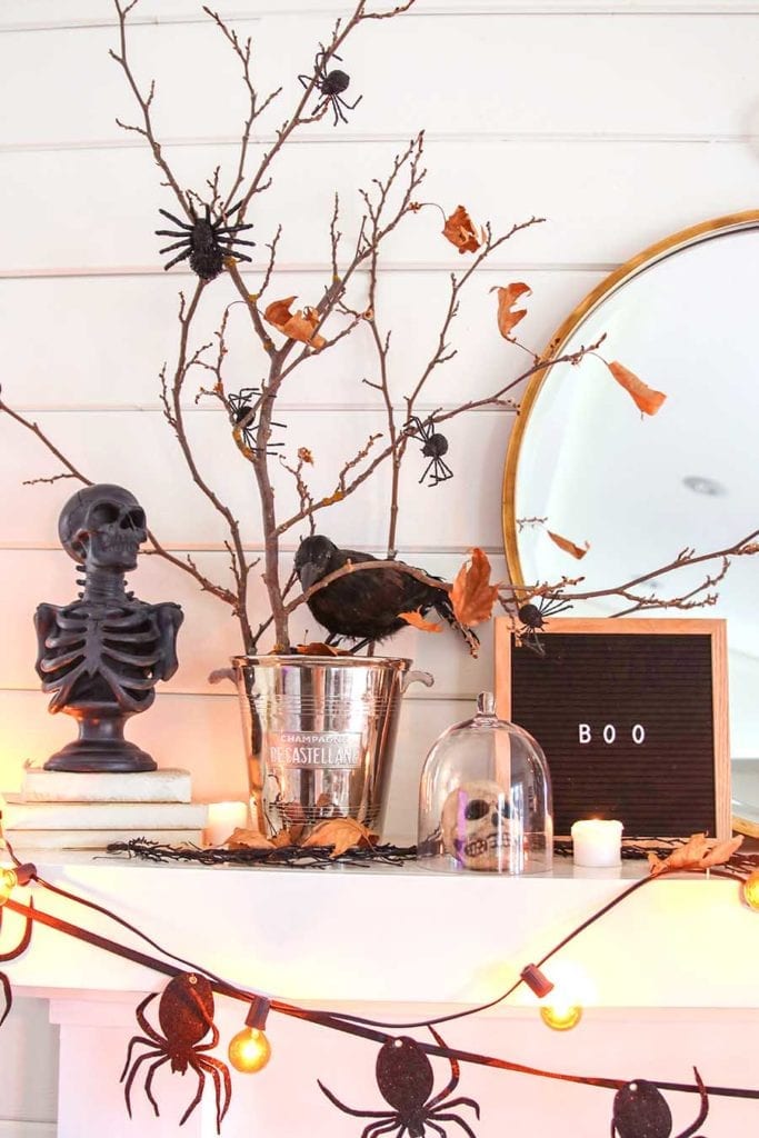 black and white neutral halloween mantel