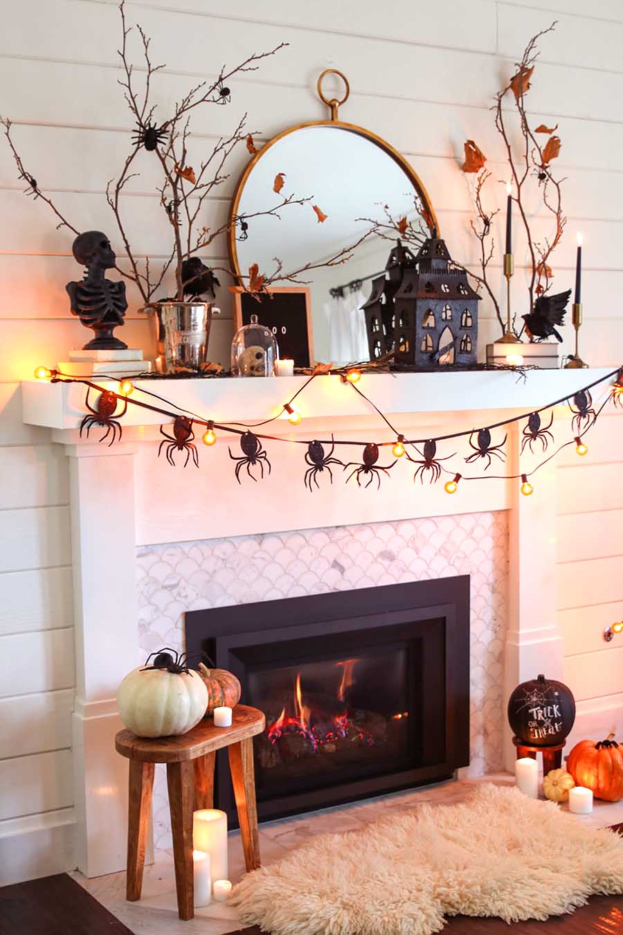 neutral halloween mantel