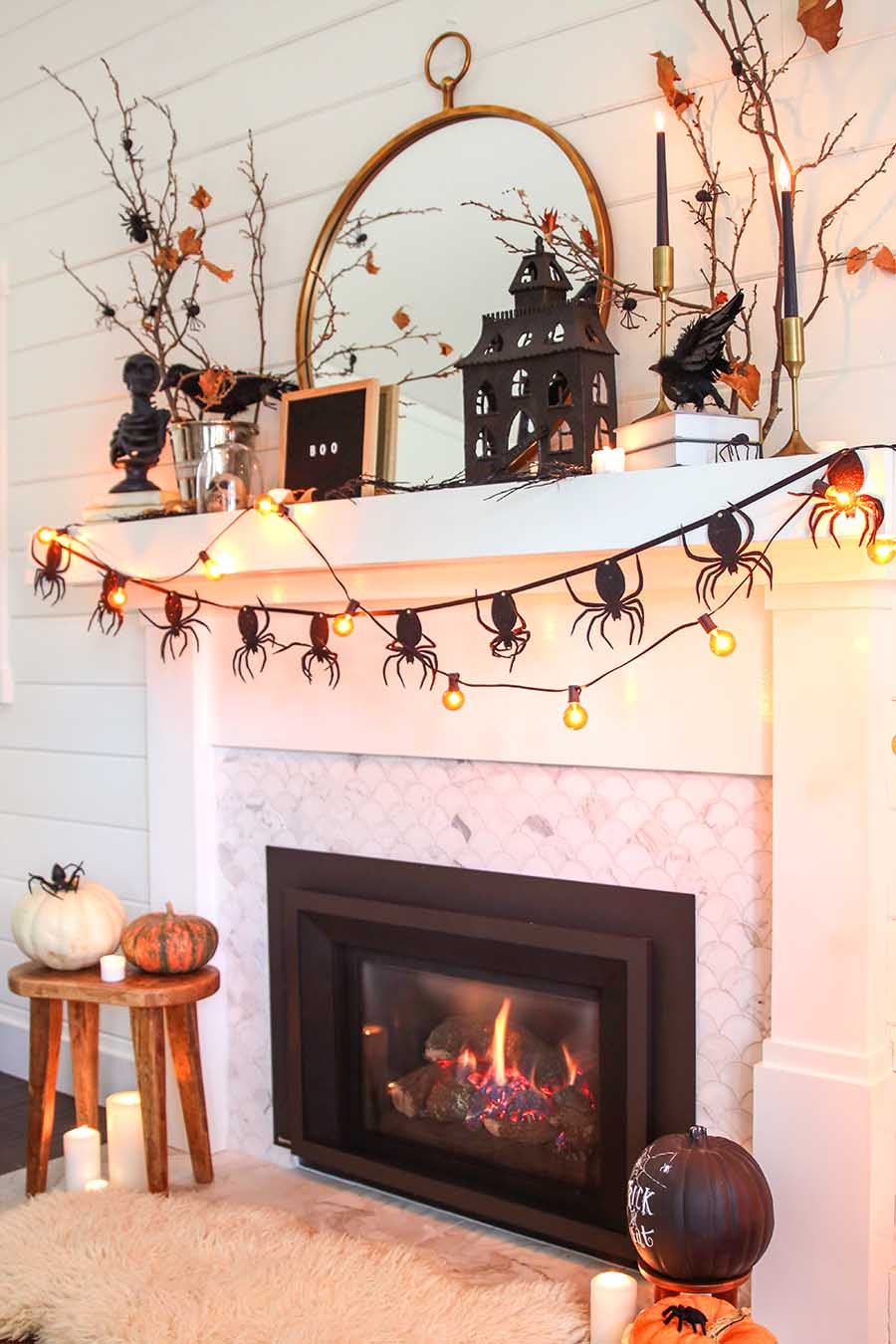 black and white halloween mantel