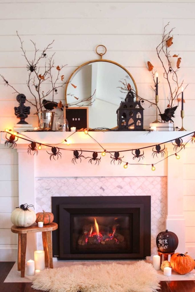 black and white halloween fireplace