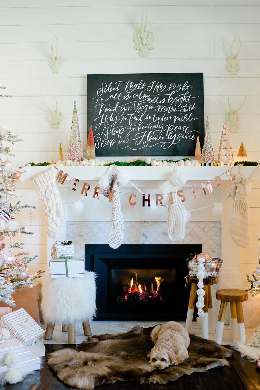 rose gold christmas mantel