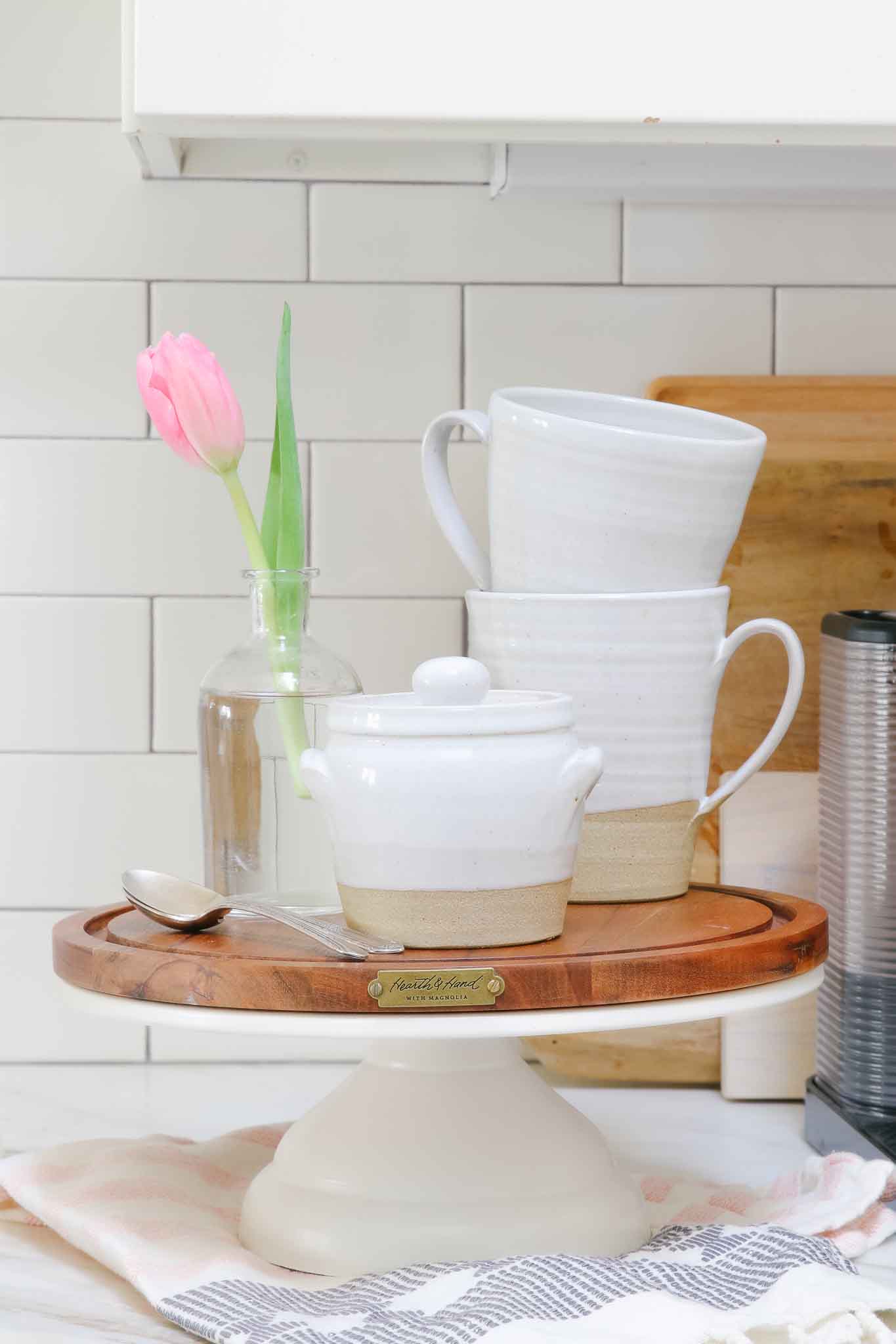 decorating with cake stands in kitchen