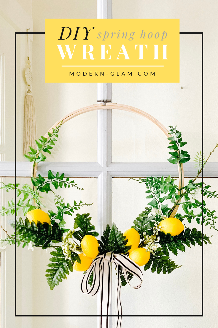 Make this easy SPRING embroidery hoop wreath! This simple DIY tutorial will show you how to make a hoop wreath perfect for spring with lemons! #diy #diywreath #wreath #homedecor #easyproject #easycraft #frontporch via @modernglamhome