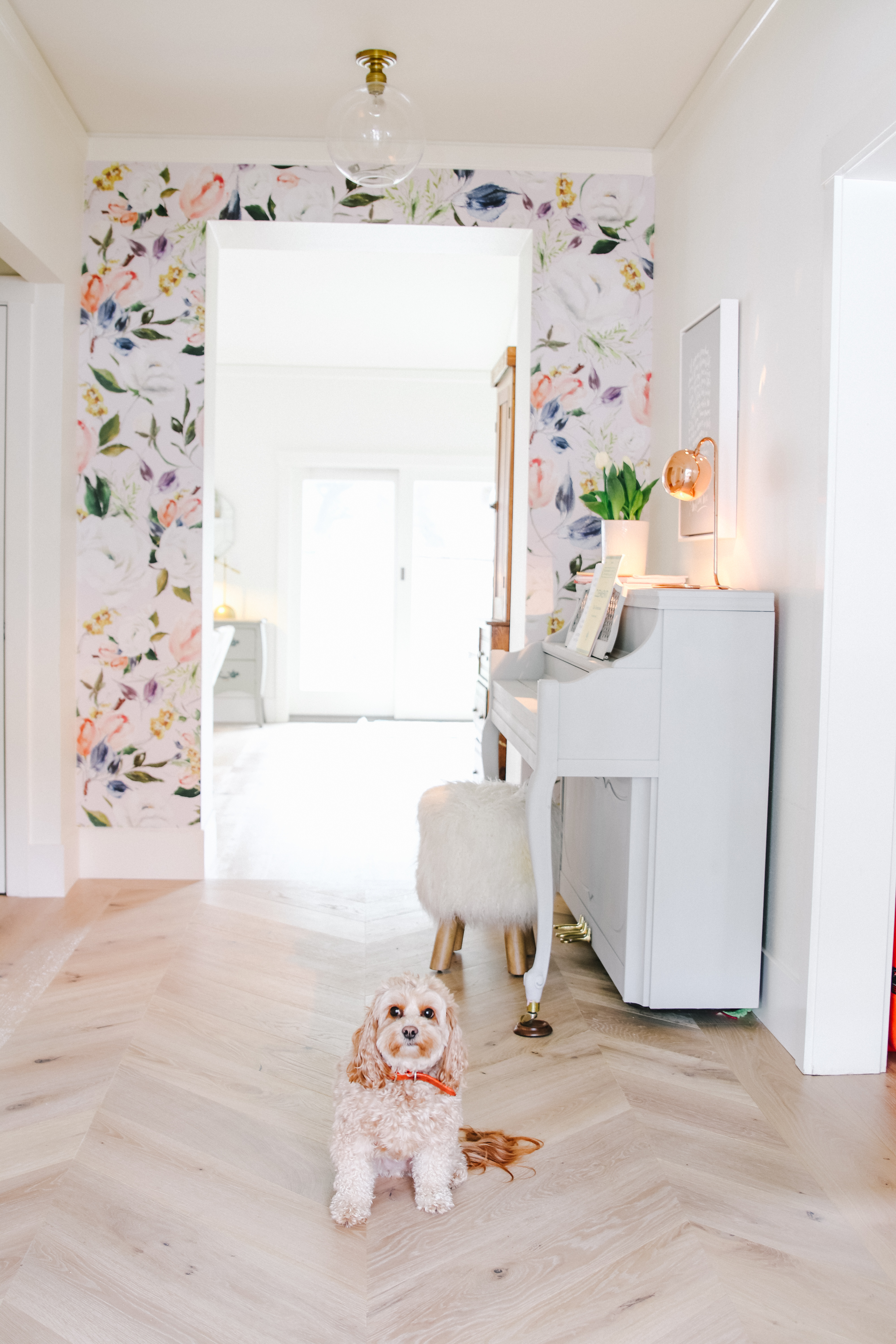 Boho Farmhouse entryway with wallpaper