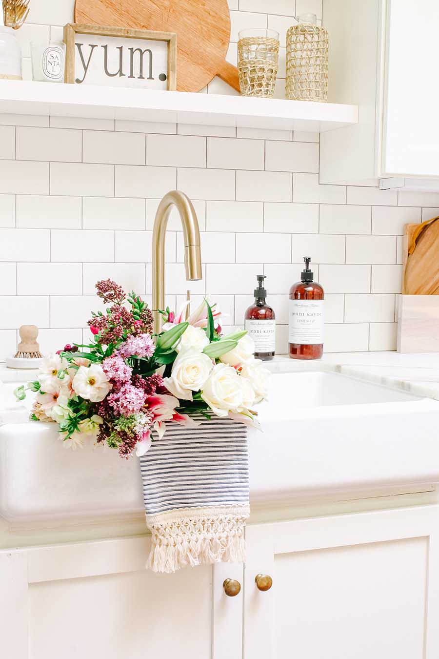 farmhouse sink of flowers