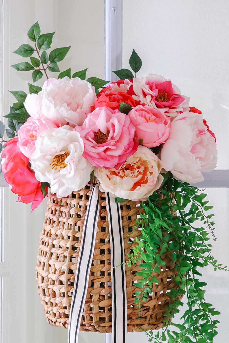 hanging basket peony wreath on door