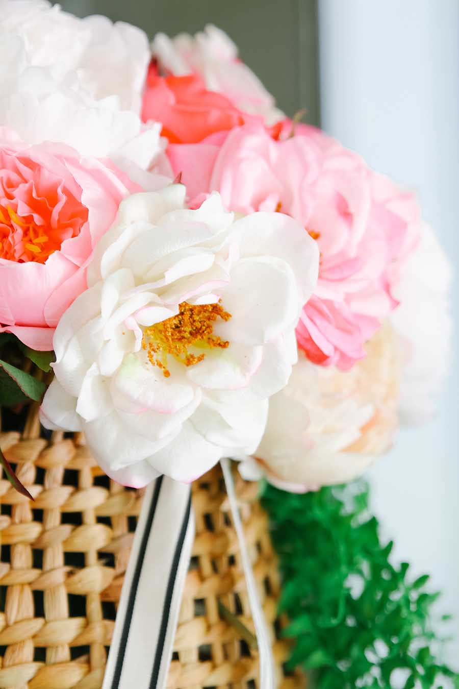 peony wreath in hanging basket