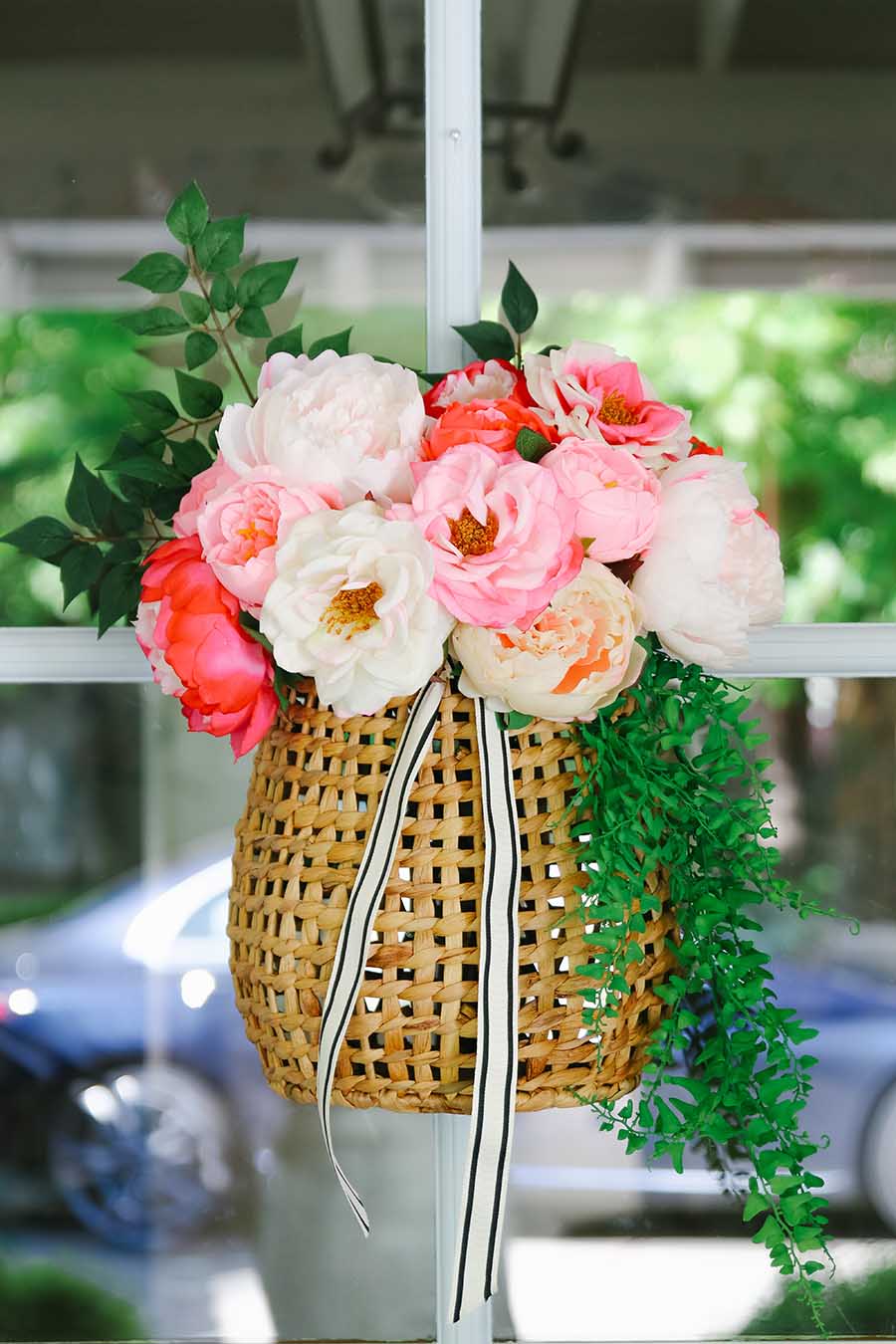 hanging basket peony wreath for front door