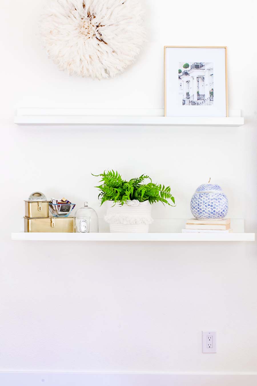 blue and white shelf styling