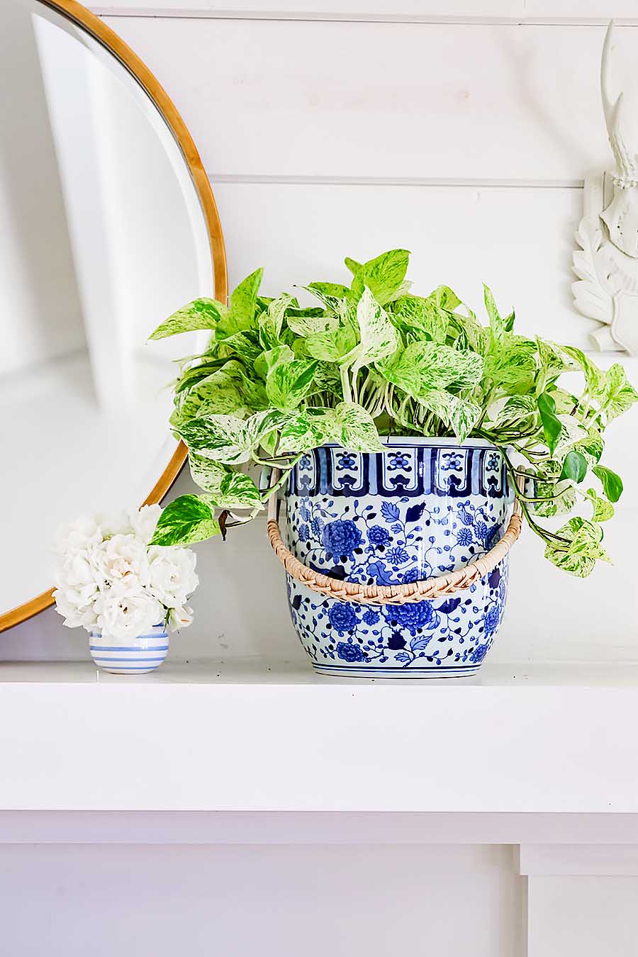 blue and white mantel decorations