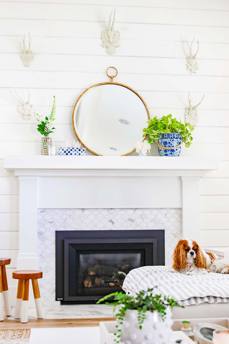 Summer Mantel Decor in Blue and White - Modern Glam