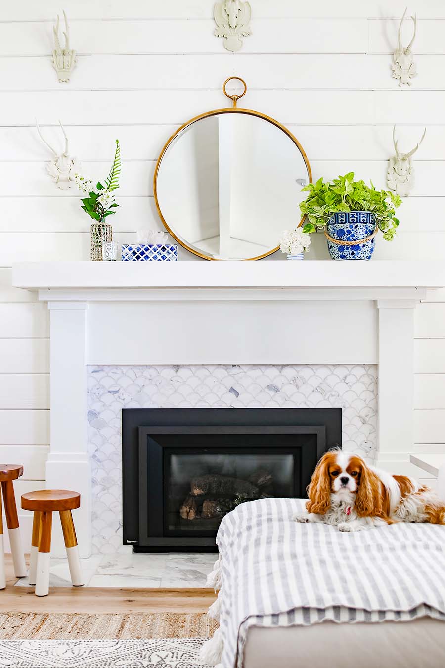 blue and white mantel decorations