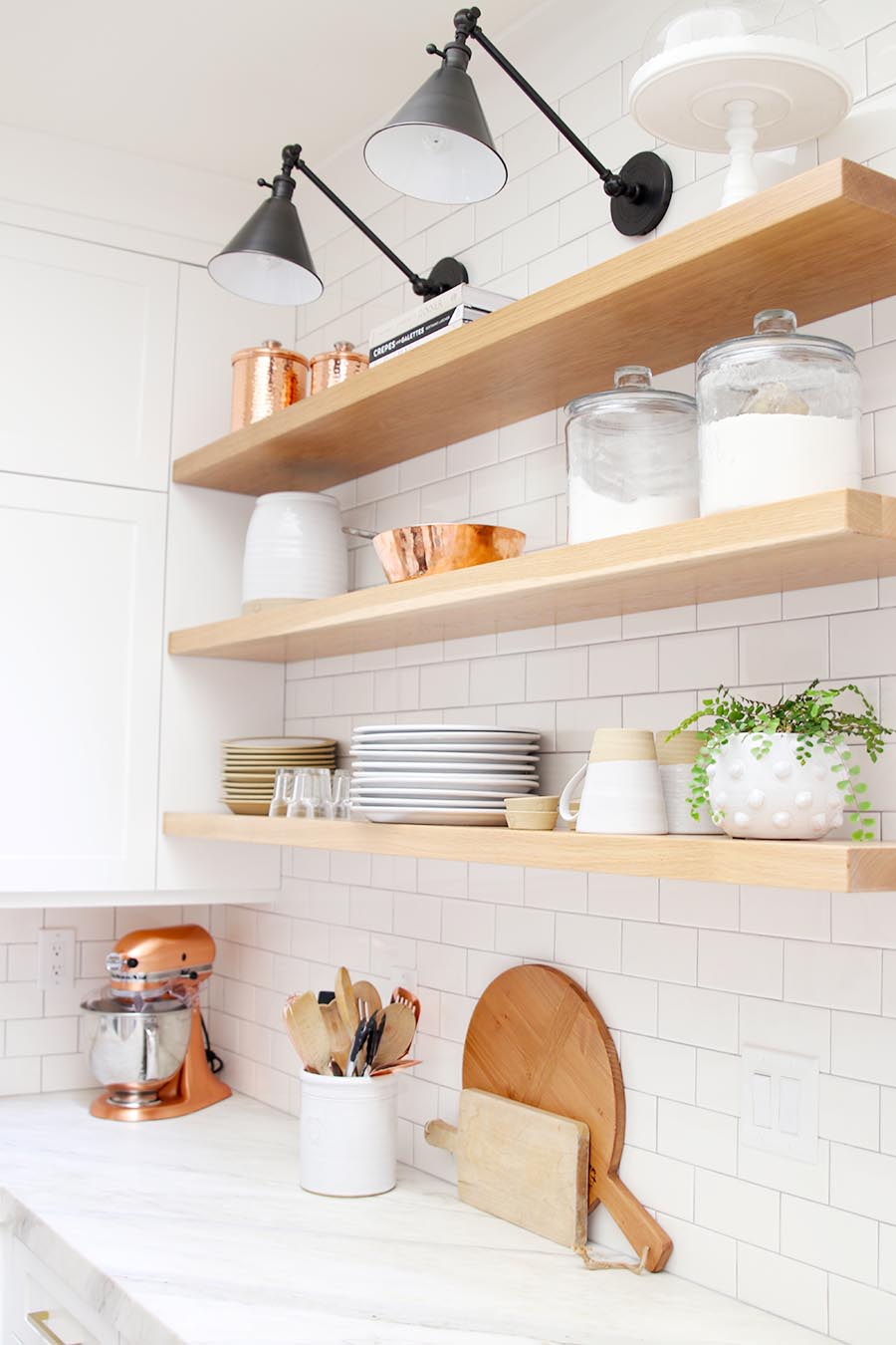 modern farmhouse kitchen open shelves