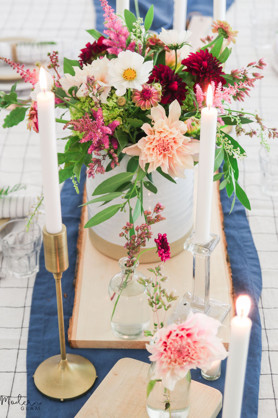 summer table setting with dahlias