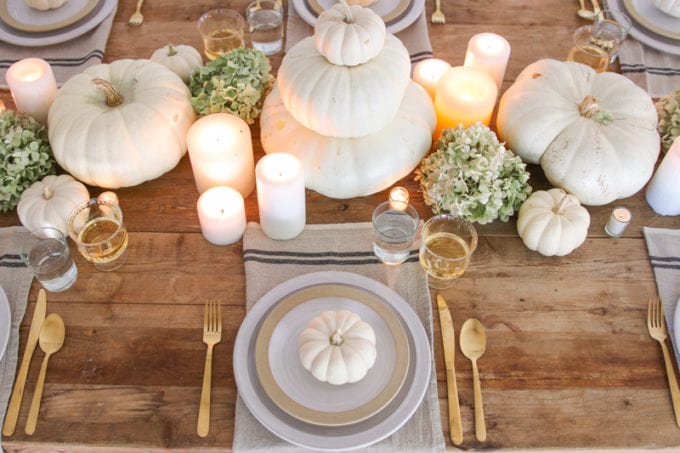 thanksgiving table with white pumpkins