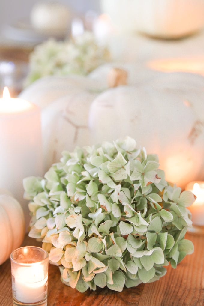 thanksgiving table setting with white pumpkins