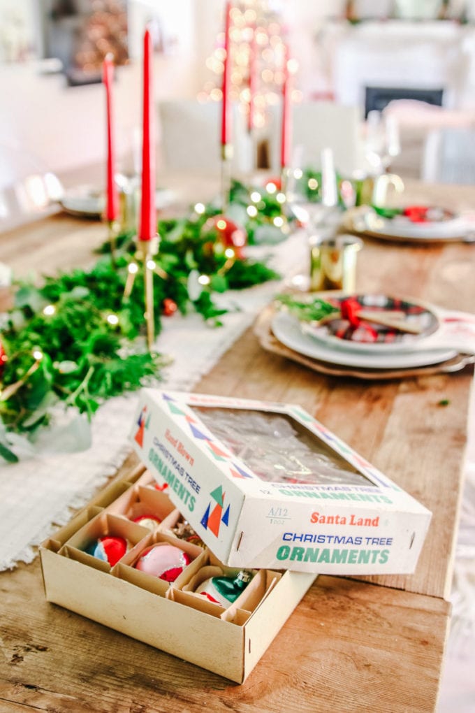 vintage christmas ornaments table setting