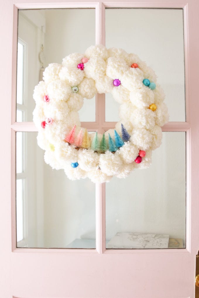 bottle brush tree christmas wreath with pom poms