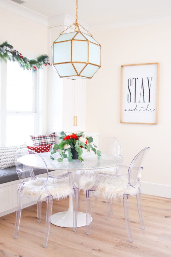 white kitchen decorated for holidays