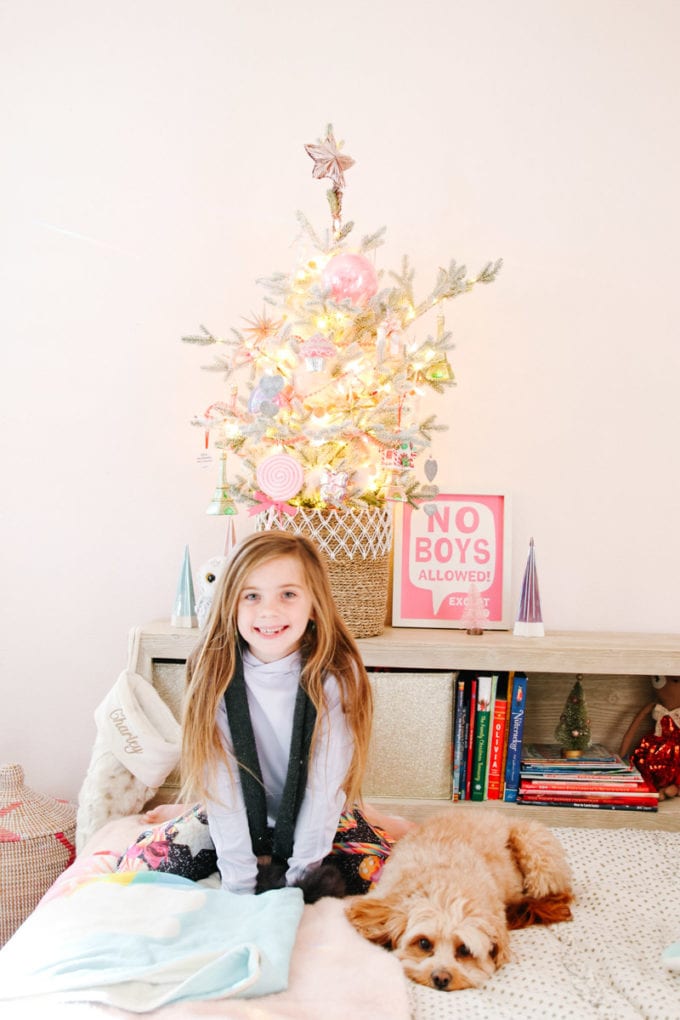 girls pink bedroom decorated for christmas