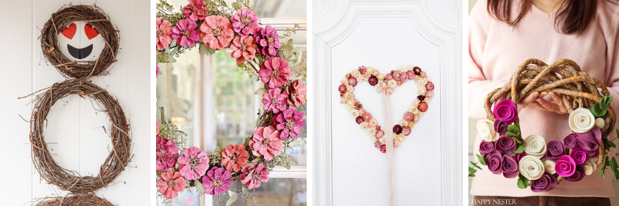 Purple and pink flowers on the wreaths.