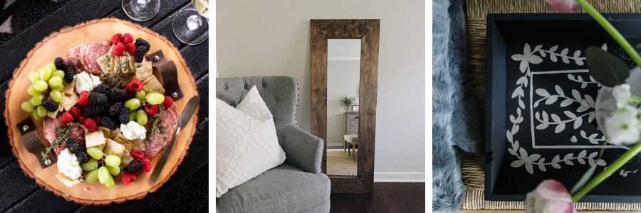 A serving board and mirror of repurposed items.