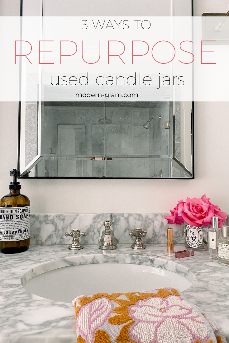 Learn the easiest way to clean out those old candle jars. Plus 3 beautiful ways you can repurpose them and decorate your home! #reduce #reuse #repurpose #diy #modernglam via @modernglamhome