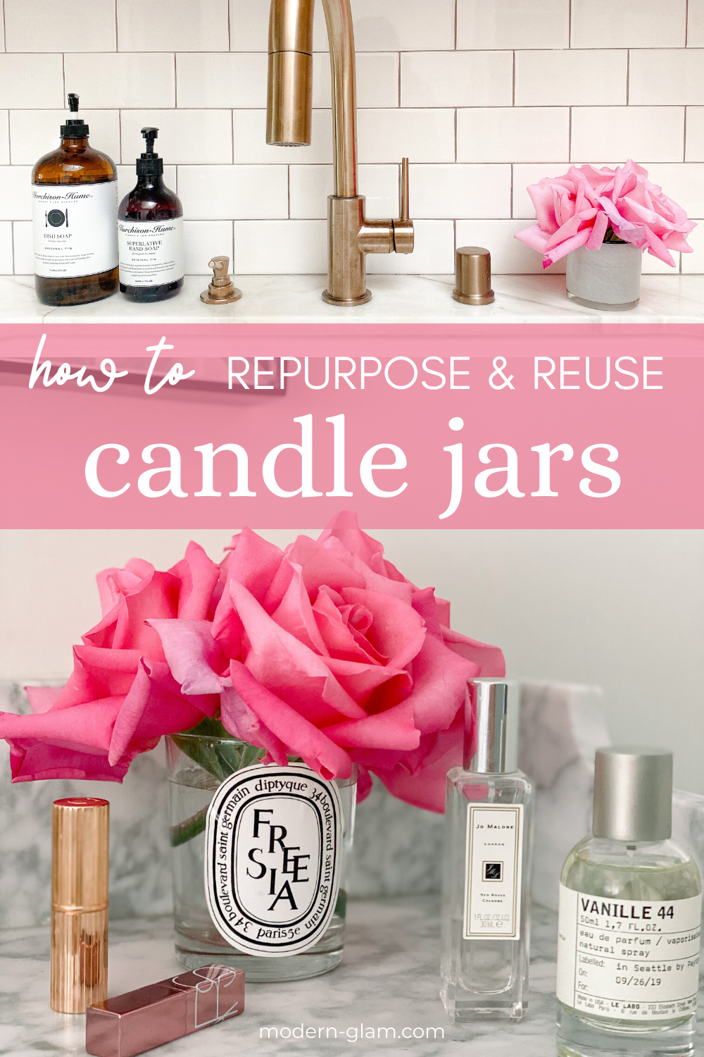 Learn the easiest way to clean out those old candle jars. Plus 3 beautiful ways you can repurpose them and decorate your home! #reduce #reuse #repurpose #diy #modernglam via @modernglamhome
