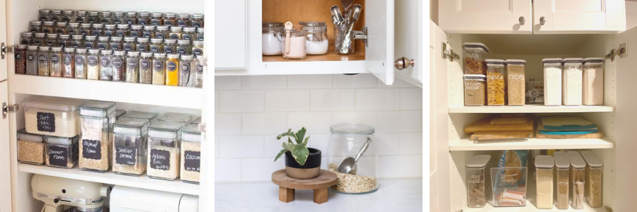 An open kitchen cupboard with clear containers inside