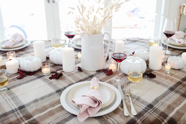 Cozy Fall Tablescape With Pink and Plaid - Modern Glam - Tablescapes