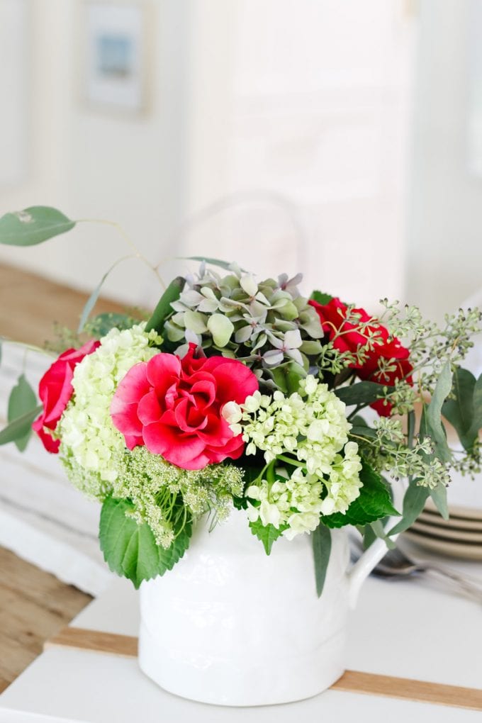 hydrangeas, roses and eucalyptus bouquet