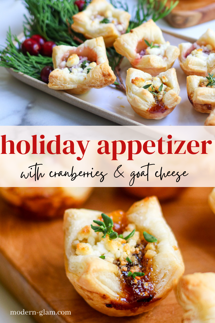Easy holiday appetizer. This vegetarian appetizer recipe for puff pastry bites feature cranberry, goat cheese and fresh thyme. via @modernglamhome