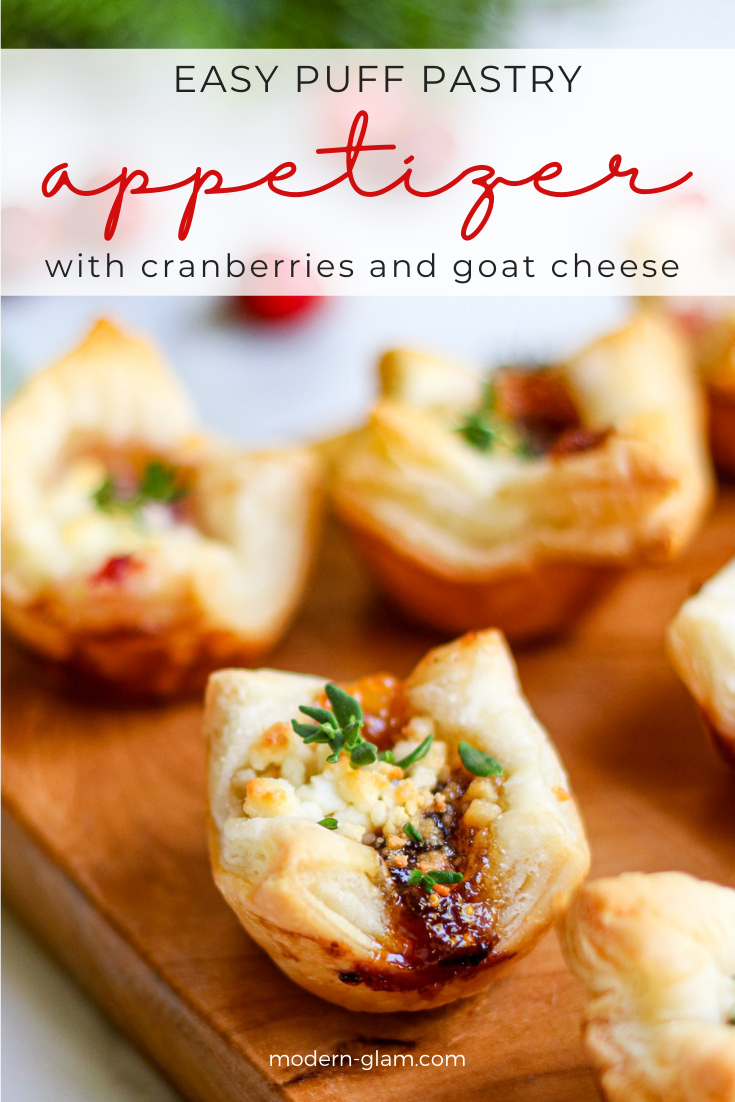 Easy holiday appetizer. This vegetarian appetizer recipe for puff pastry bites feature cranberry, goat cheese and fresh thyme. via @modernglamhome