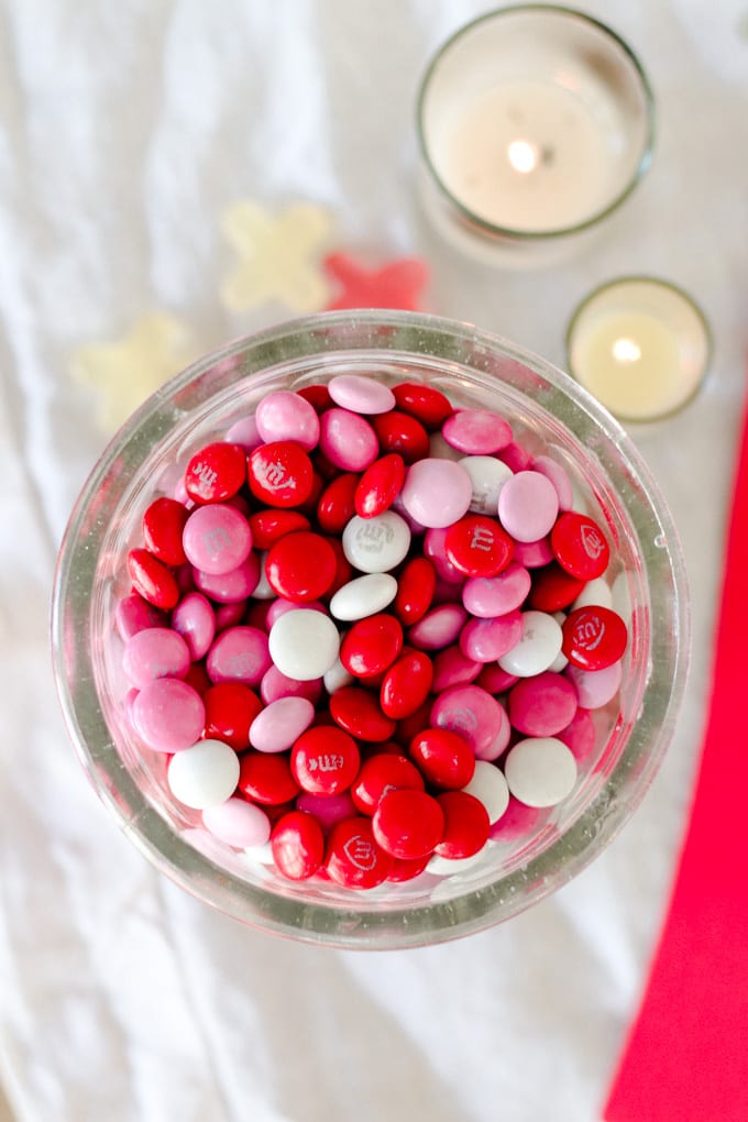 pink and red m&m's in jar