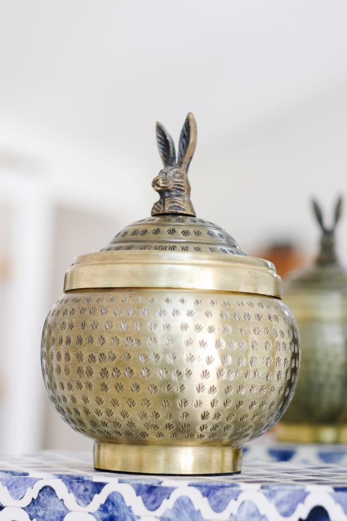 brass jar with bunny