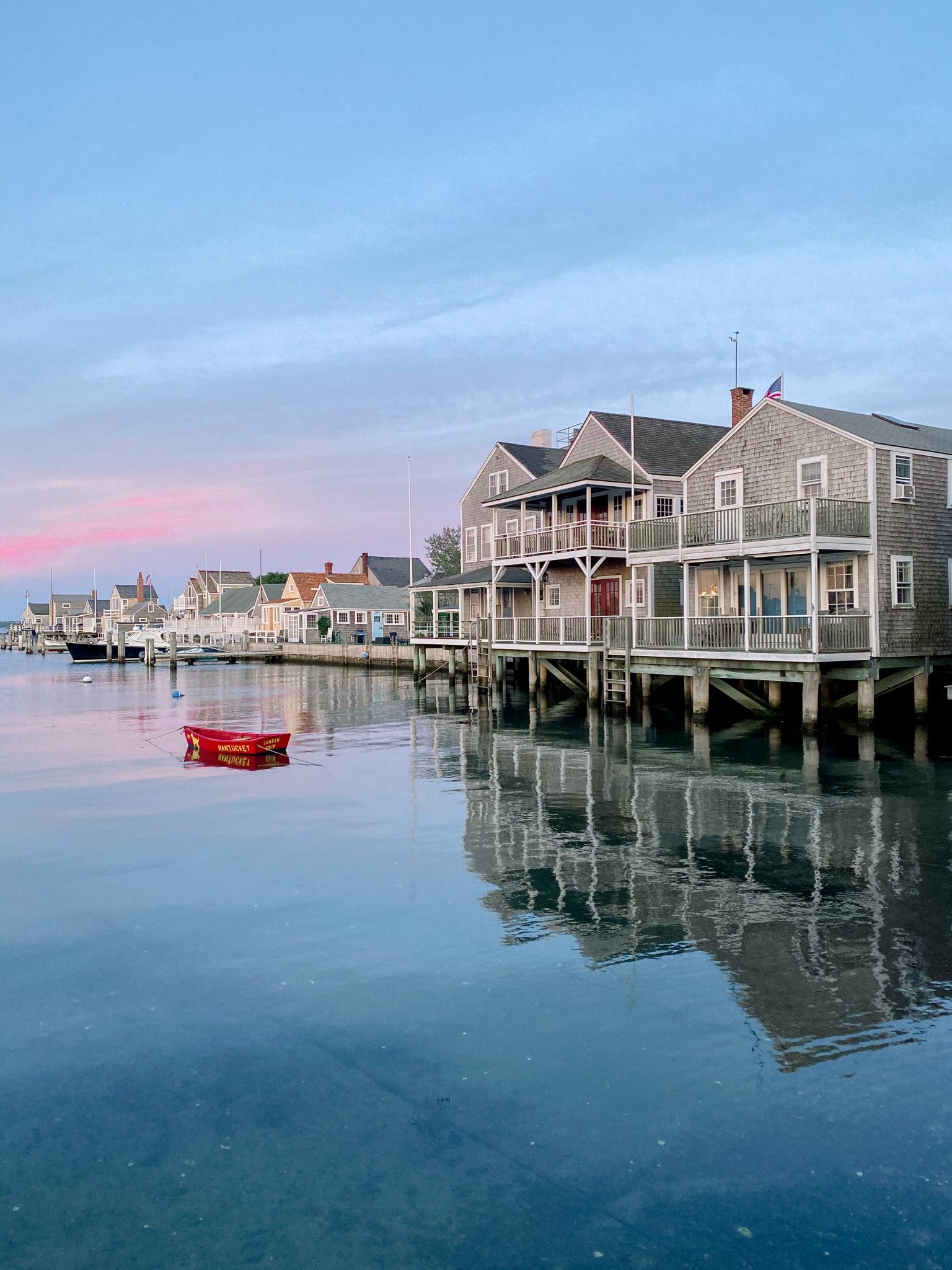 Nantucket boat harbor at sunset