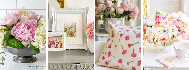 a collage image of peony decor ideas