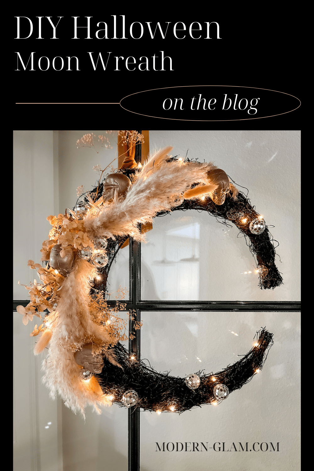 how to make a DIY crescent moon wreath for your Halloween front door and decor via @modernglamhome